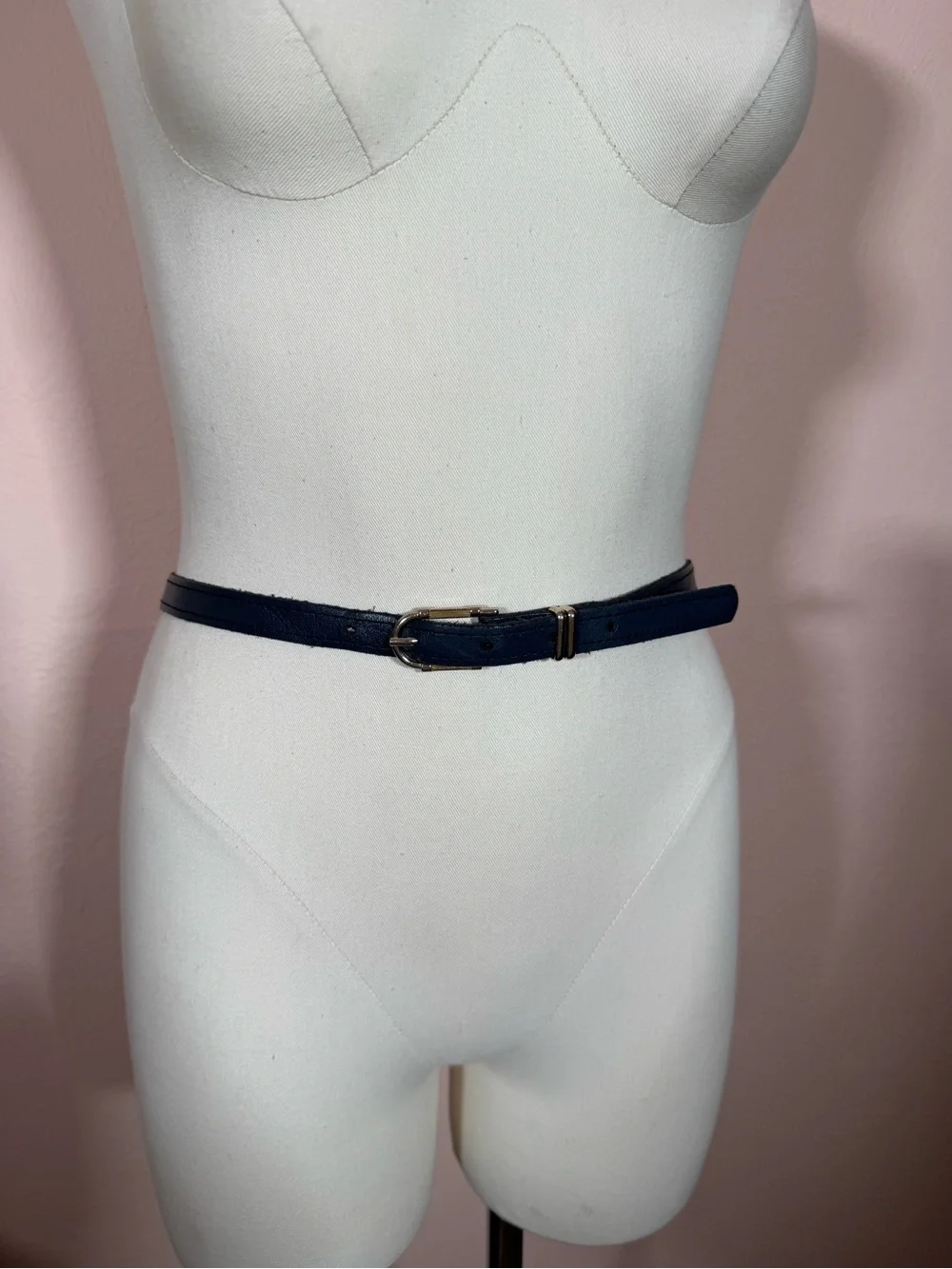 Vintage navy blue leather  minimalist skinny belt 28inches classic academia